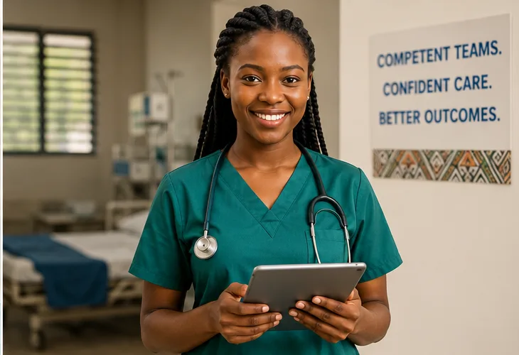 A nurse reviewing records on a tablet on the ward